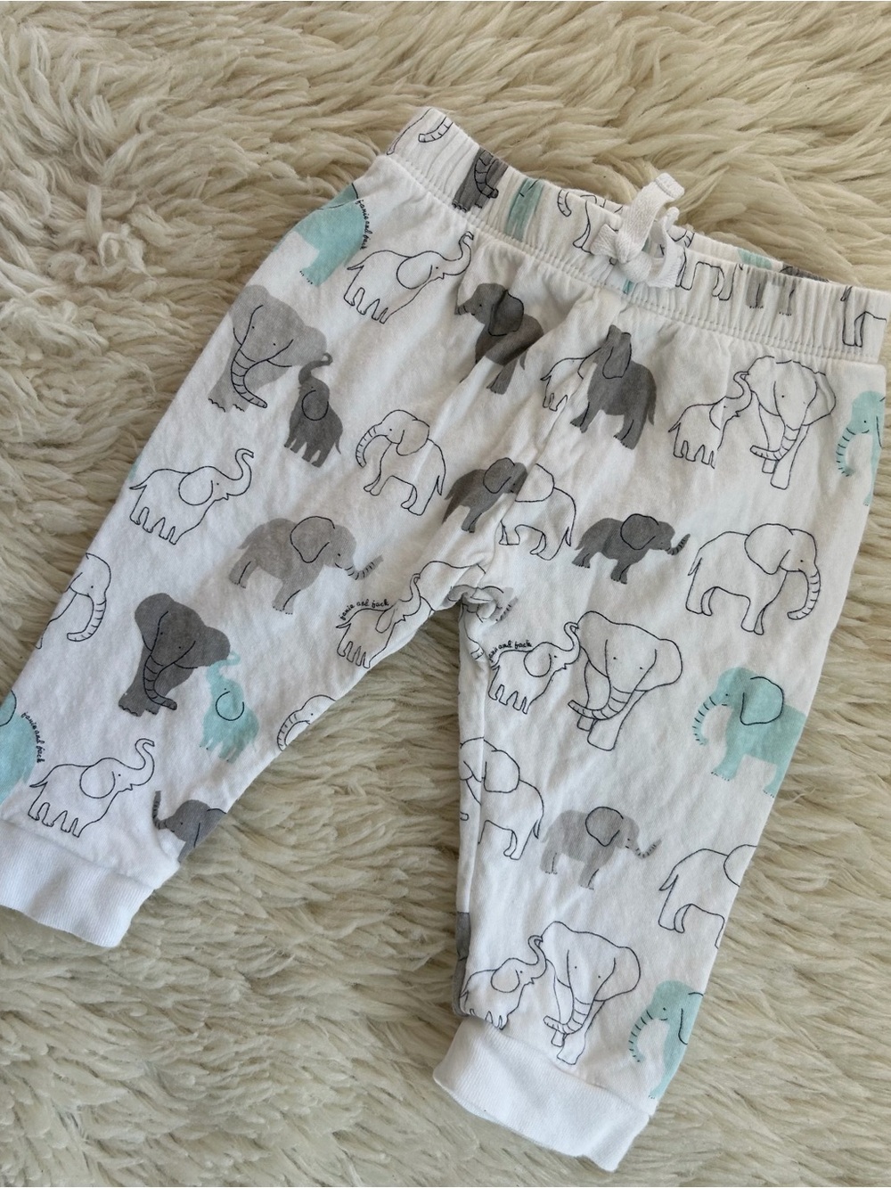 Janie and Jack Elephant Baby Jogger Pants 100% Cotton White Gray Mint 6-12 Month
